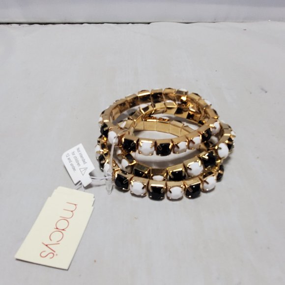 Macy’s 3-Piece Gold-Tone Stretch Bracelet Set with black/white faceted stones - Picture 3 of 5